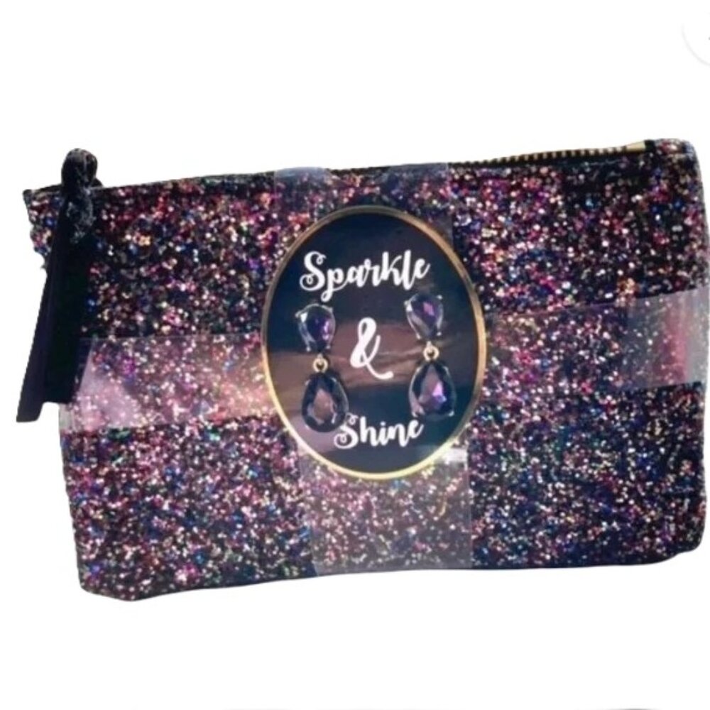 Clutch Cosmetic Paillette Makeup Bag & Earrings Sparkle Purple 5.5 x 8 inches